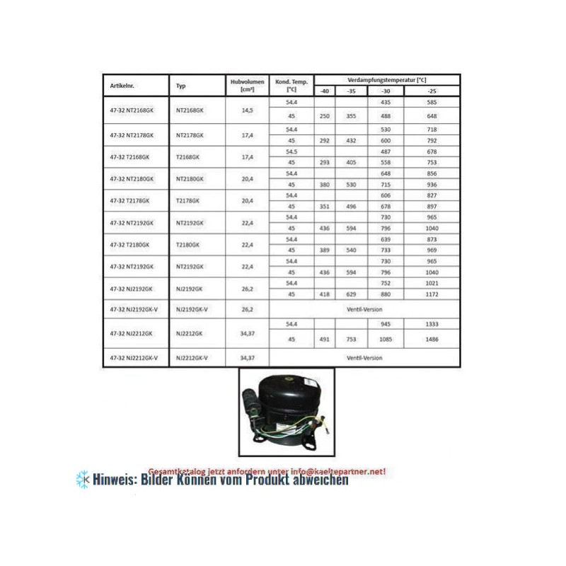 Kompressor Aspera Embraco NT2178GK, LBP - R404A, R507, R452A, 220-240V, 50Hz