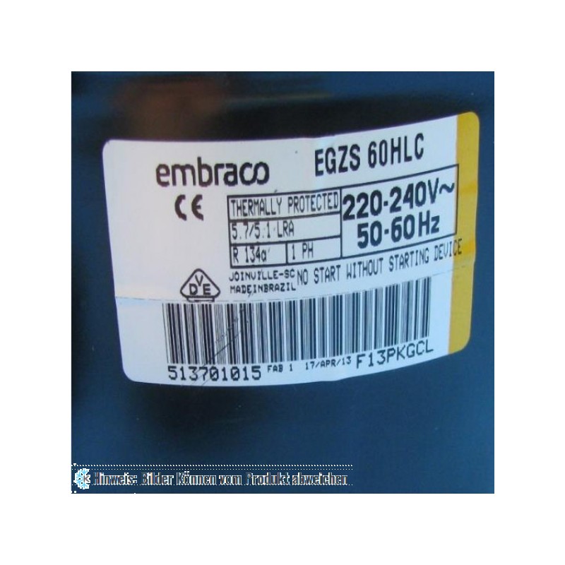 Kompressor Aspera Embraco EGZS60HLC, L/MBP - R-134a, 220-240V, 50-60Hz - nicht lieferbar, ersetzt durch Nachfolger