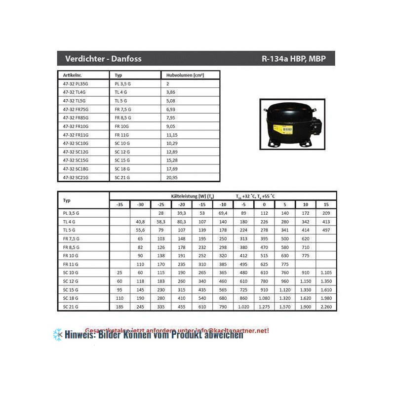 Kompressor DANFOSS SC15G, LBP/HBP - R134a, 220-240V, 50-60 Hz