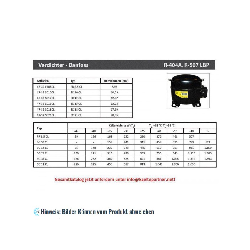 Kompressor DANFOSS TLES7KK.2, HBP/LBP R600a, 220-240V, 77 W (-25°C), 102H4735