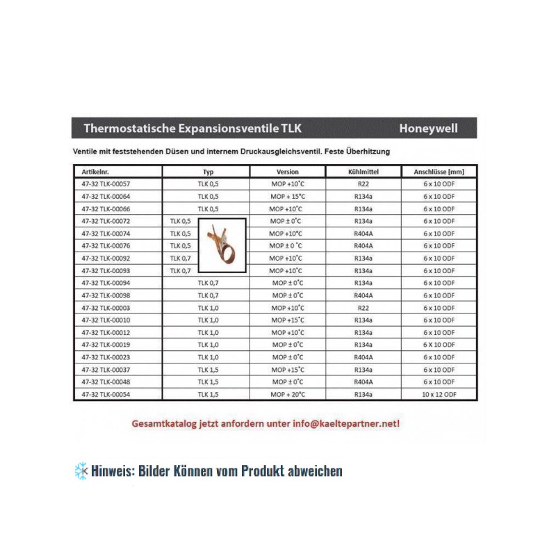 Thermostatisches Expansionsventil Honeywell, TLK- 1,5； R134a, MOP +15°C