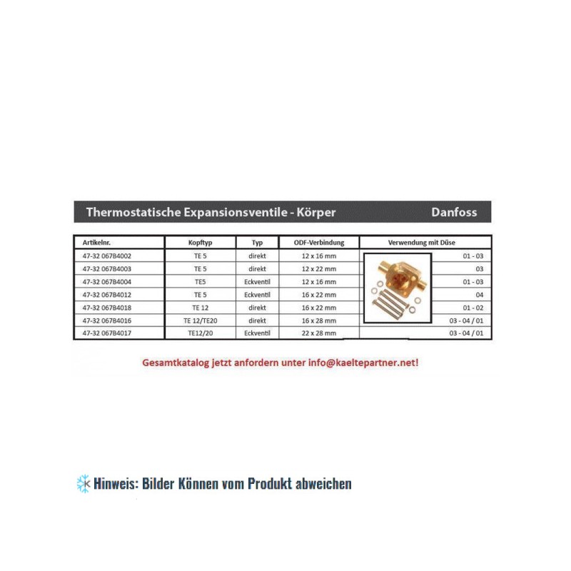 Thermostatisches Expansionsventil Unterteil Danfoss TE5, gerade, Eintritt, Austritt 12x22 mm