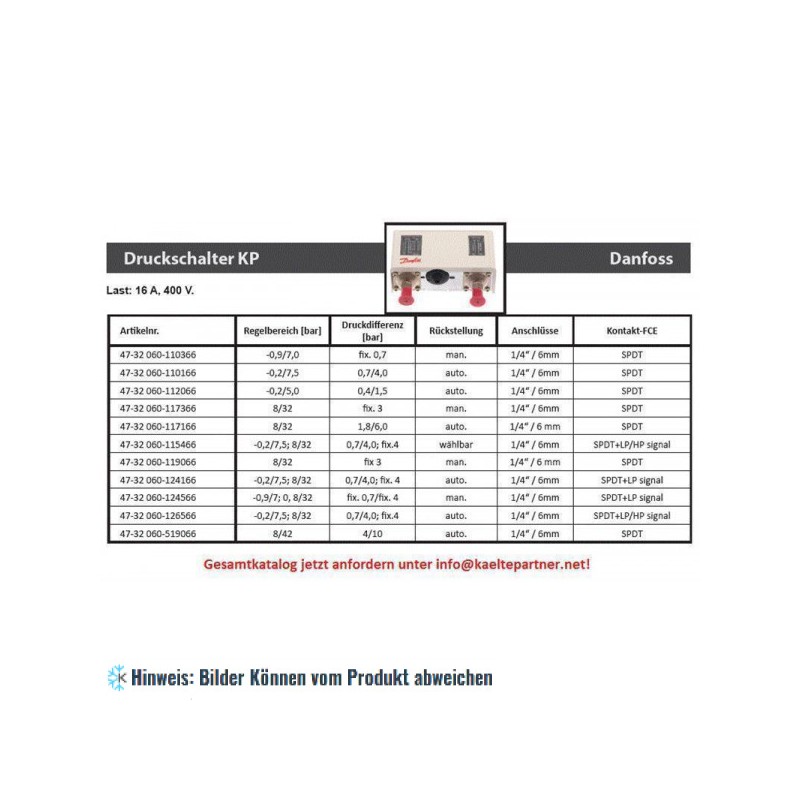Druckschalter Danfoss Niederdruck, KP1, automatischer Reset, 1/4"Anschluss