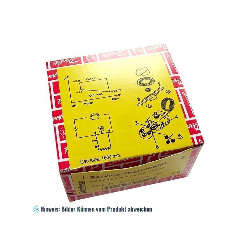 THERMOSTAT DANFOSS 077B7008 KIT N°8, 3 Kontakte 6A 250V ø 6x4.6 mm, Kapillarrohrlänge 2000 mm, kalt -1/8.5°C, warm +11/+6°C