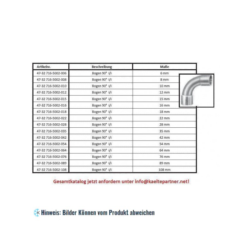 Kupferbogen (Winkel) 90° i/i 16 mm, 5002A