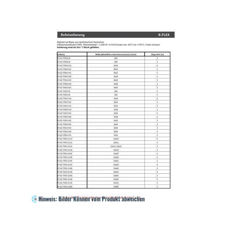 Rohrisolierung 64 mm, Dicke 9 mm, Länge 2 m