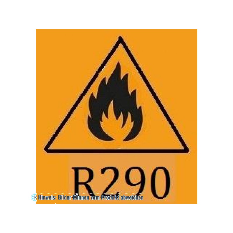 Aufkleber für Kältemittel R290, orange, mit Entzündlich-Zeichen