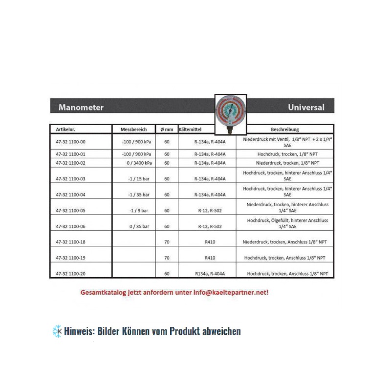 Ersatz Manometer -100/900 kPa Ventil 1/8NPT+2x1/4SAE, R134A, R22