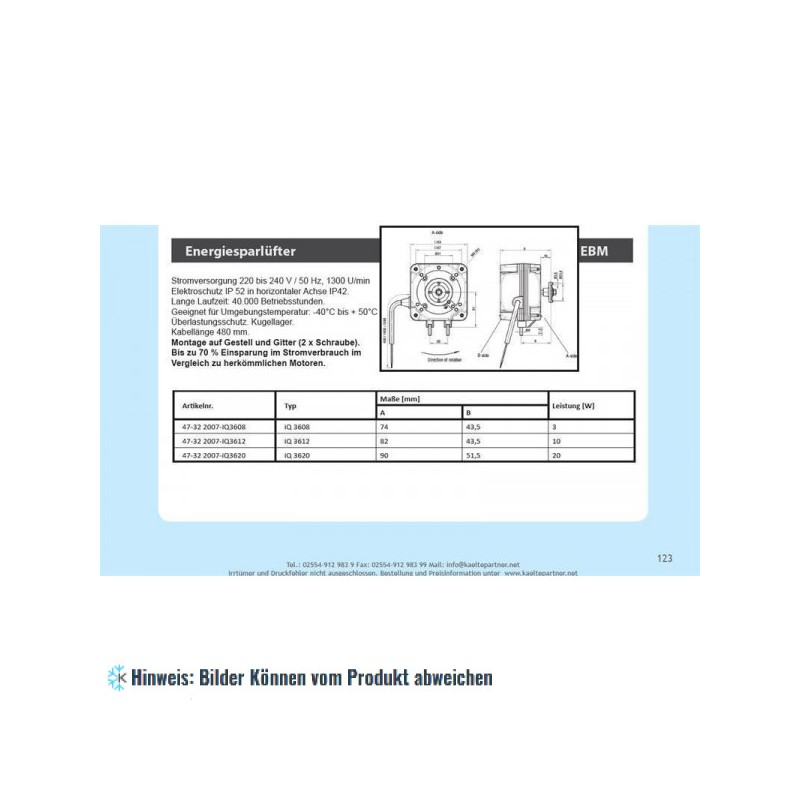 Energiesparender Lüftermotor EBM iQ 3620, 220-240V/50 Hz, 20 Watt, 1300 U/min